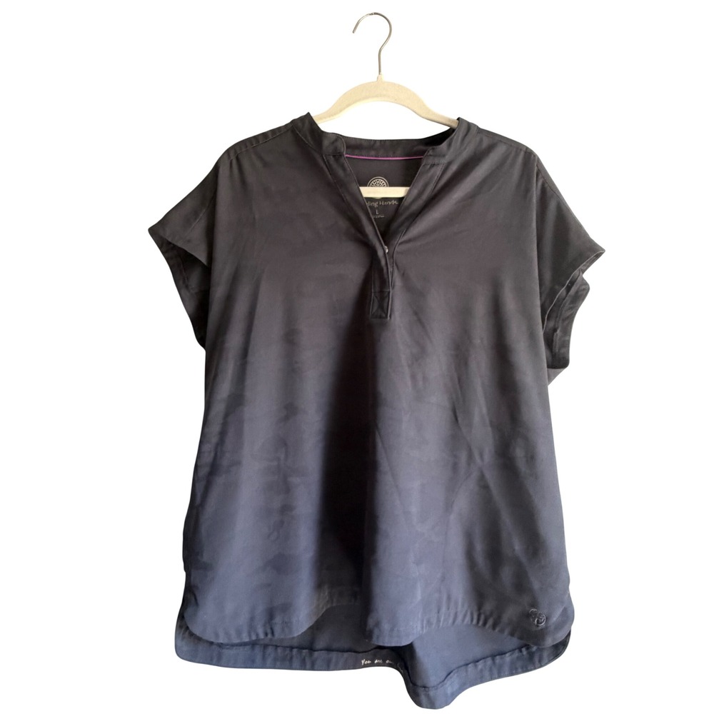Healing Hands Womens Camo Scrub Top Gray Short Sleeve Split Neck Medical Large